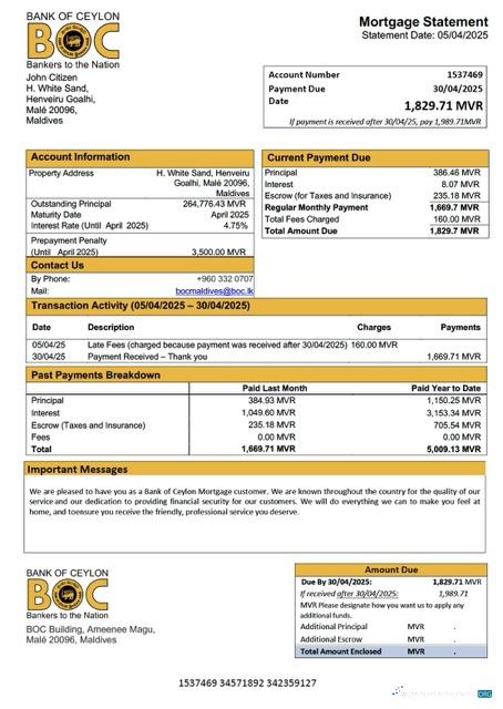 Download Maldives Bank of Ceylon mortgage statement Word and PDF template Photoshop template
